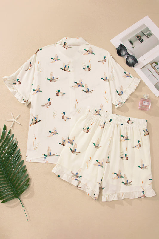 Beige Mallard Print Shirt Style Short Two Piece Set