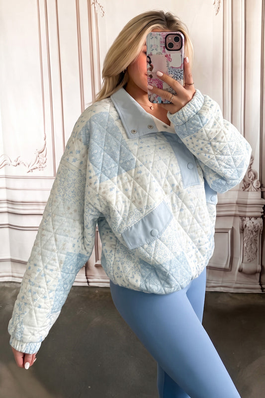 Floral Quilted Half Button Pocketed Pullover Sweatshirt