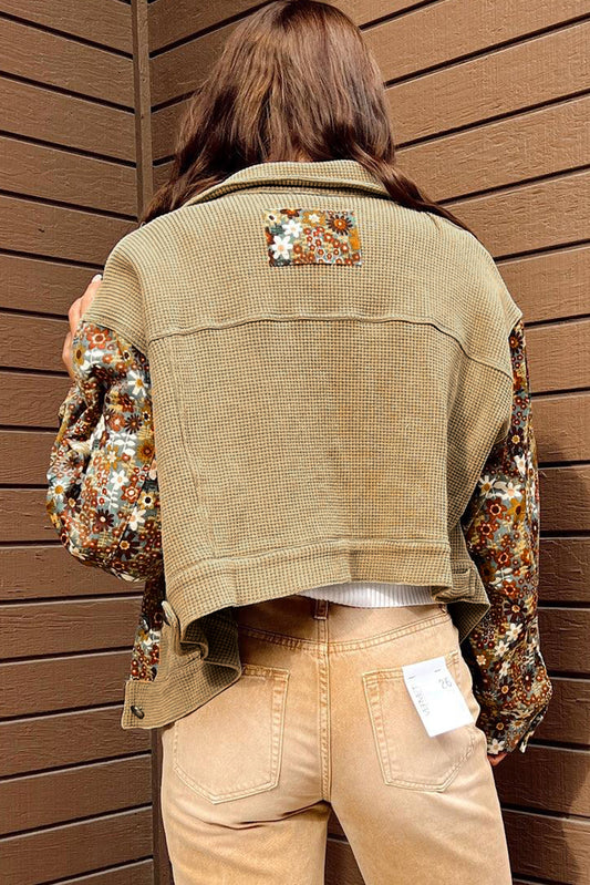 Waffle Knit Floral Print Patchwork Jacket