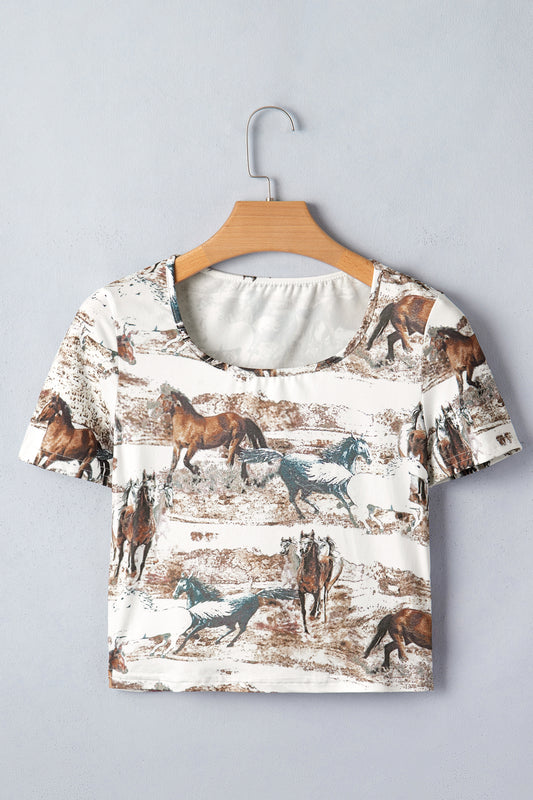 White Western Galloping Horses Printed Slim Fit T Shirt