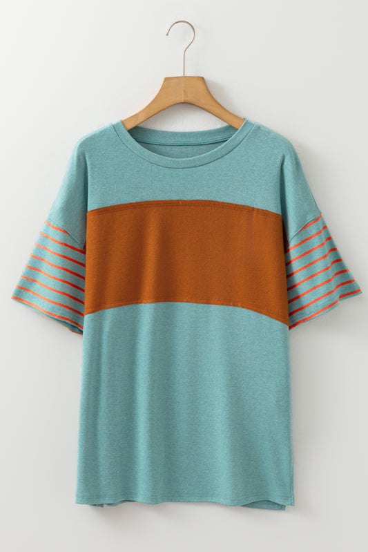 Mint Green Color Block Striped Detail Loose T Shirt