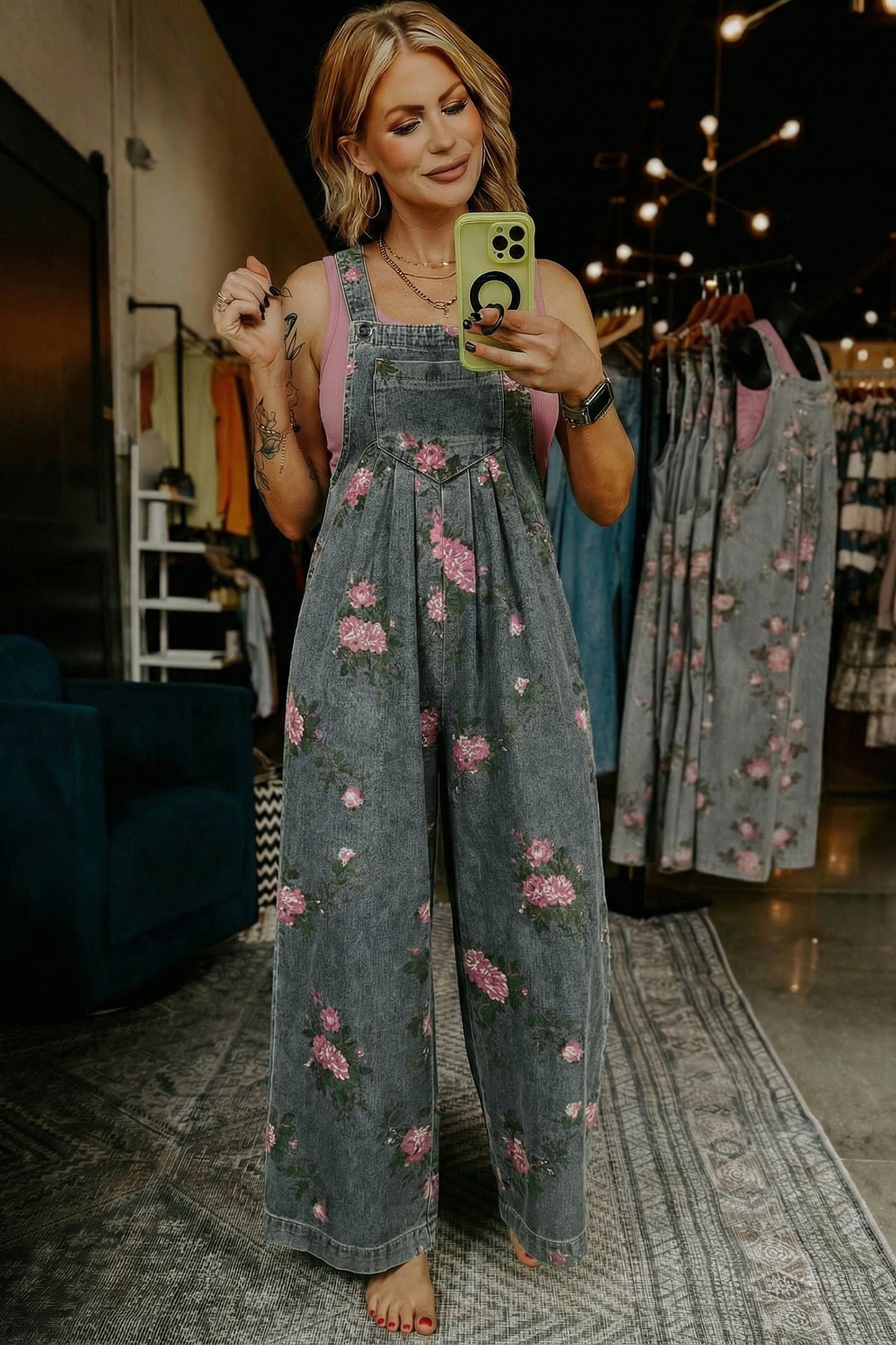 Blue Beau Floral Print Pleated High Waist Wide Leg Denim Jumpsuit