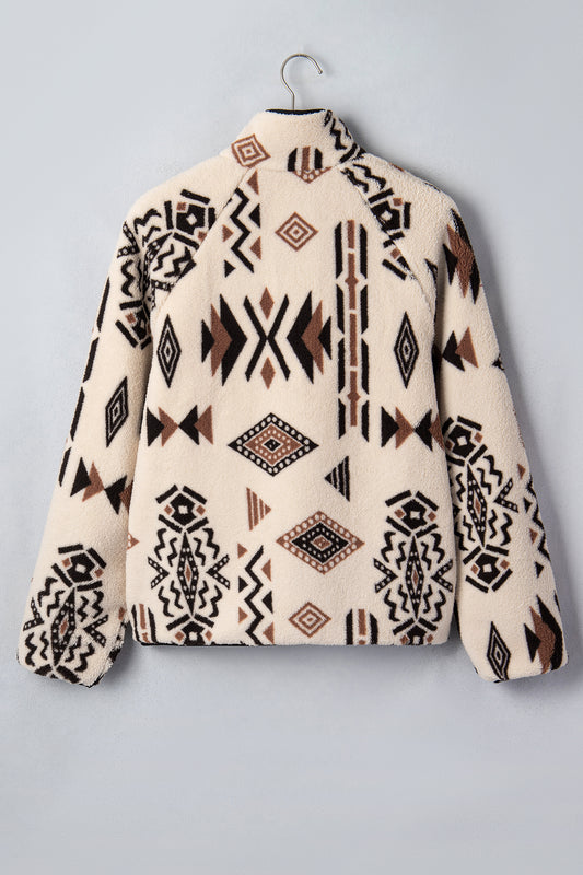 Beige Geometric Print Long Sleeve Shirt Collar Zip-up Placket Binding Tape Jacket