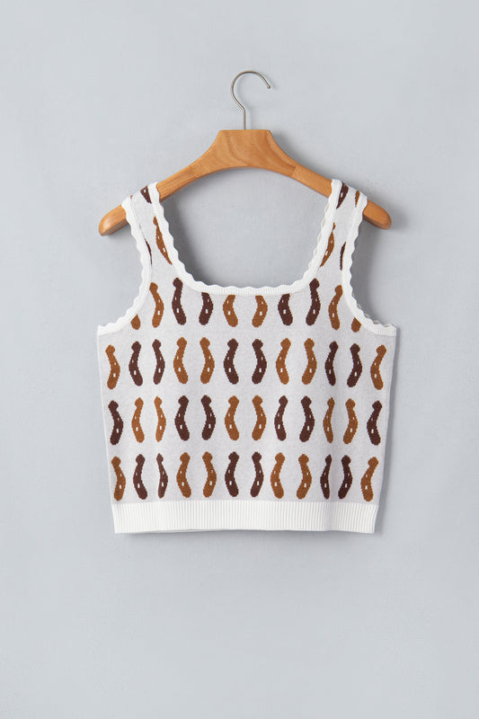 White Western Leopard/ Horseshoe Printed Scalloped Trim Square Neck Sweater Vest