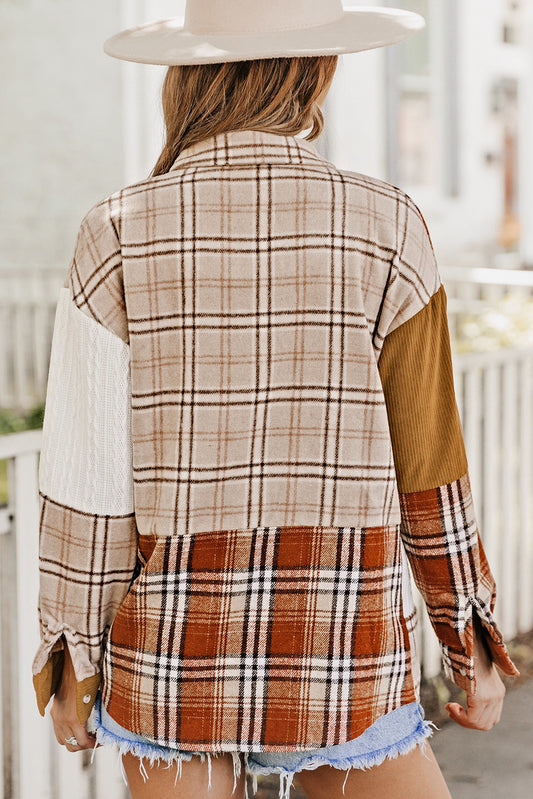 Orange Plaid Patchwork Shirt Jacket with Pocket