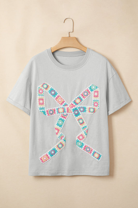 Ribbon Bow Patched Cotton T Shirt