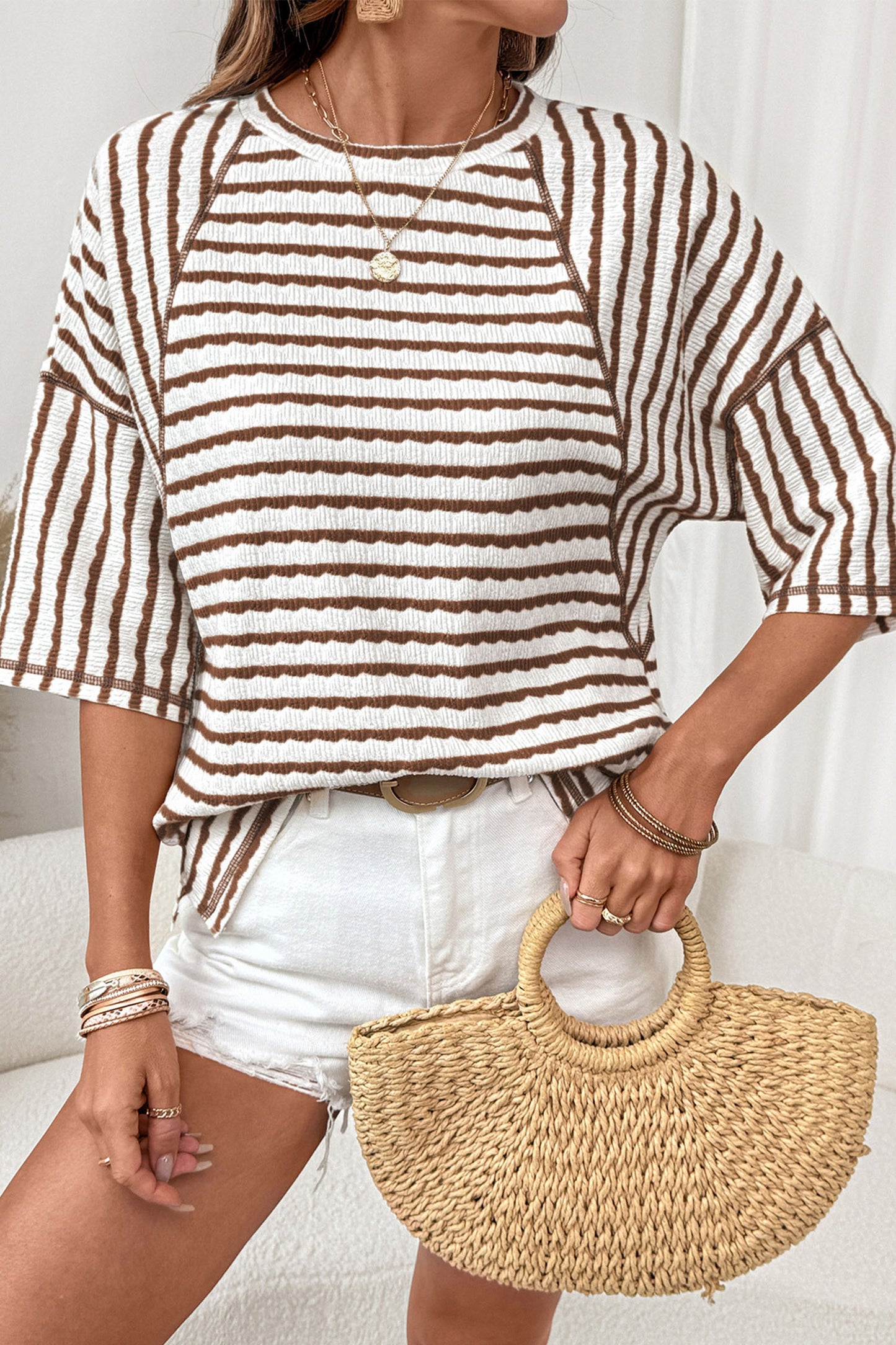 Stripe Textured Knit Half Sleeve Top