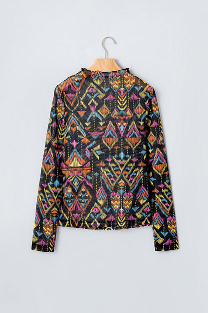 Color black Abstract Print Long Sleeve Stand Neck Mesh Top