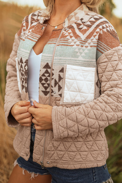 French Beige Aztec Quilted Western  Jacket