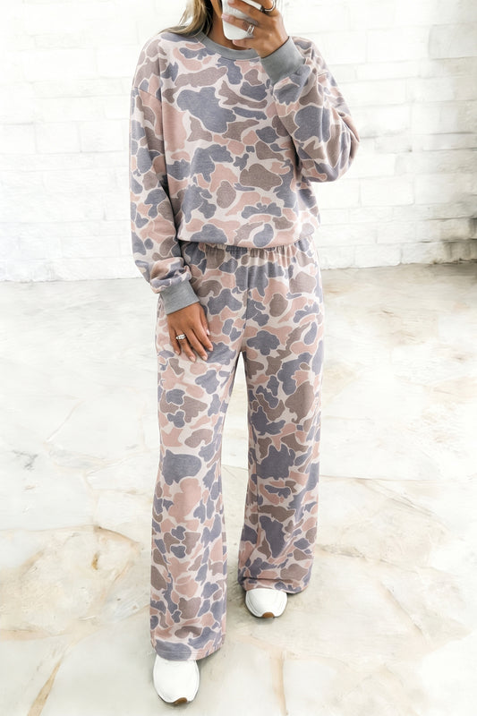 Camouflage Print Long Sleeve Top Loose 2pcs Pants Set