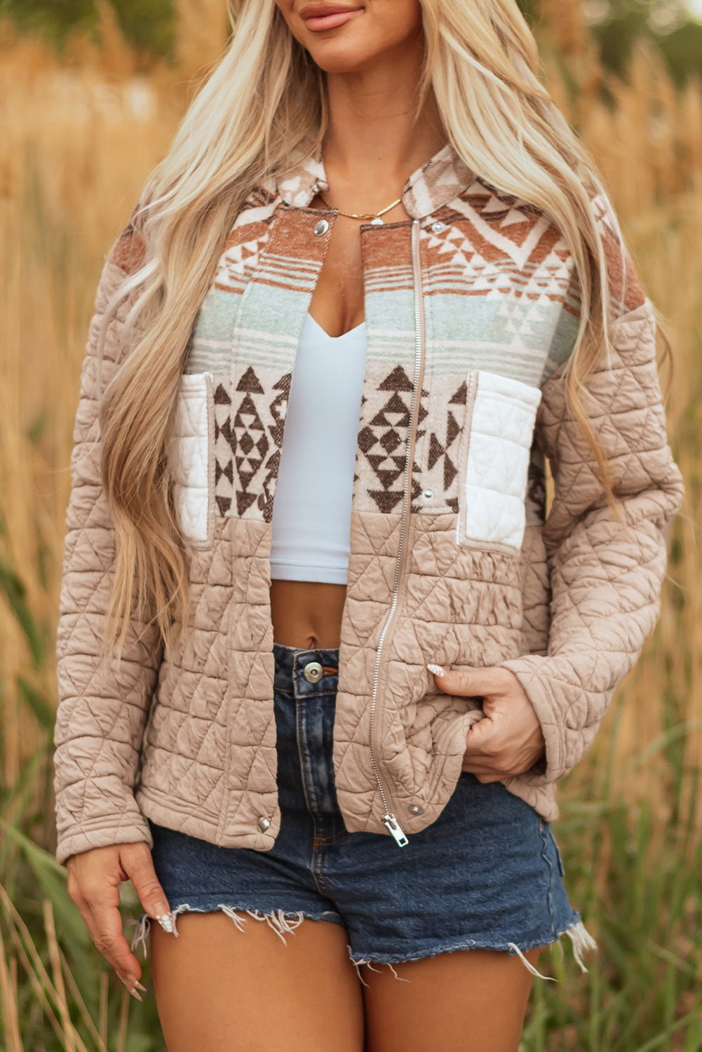 French Beige Aztec Quilted Western  Jacket
