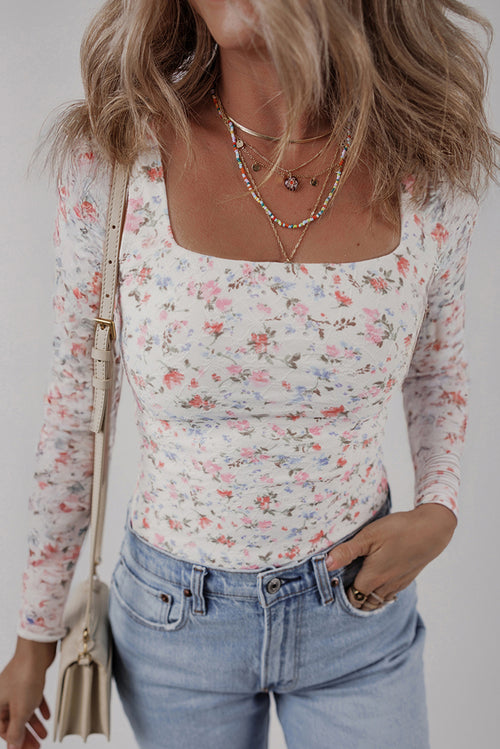 White Floral Print Long Sleeve Top