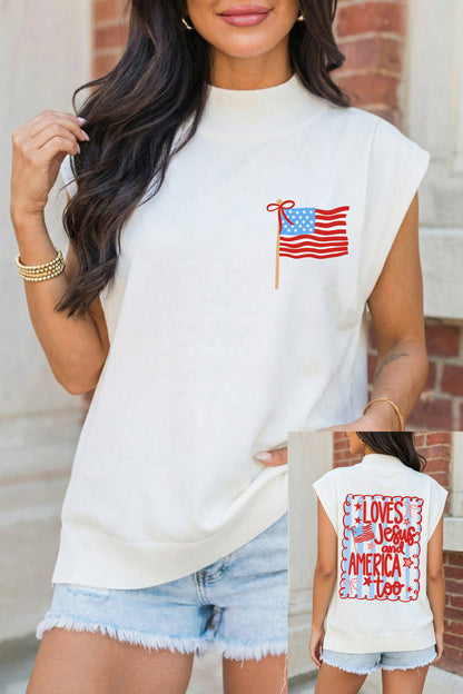 White Patriotic Flag Double Printed Mock Neck Tee
