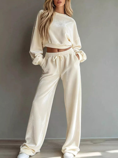 Full Size Cropped Sweatshirt and Wide-Leg Pants Set Plus Size