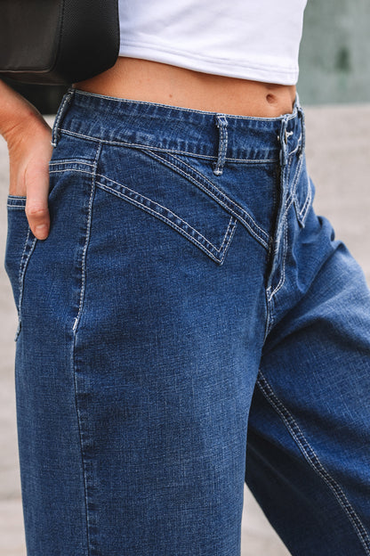 Western Stitched Waist Detail Loose Cuffed Jeans