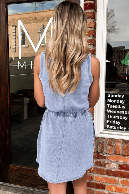 Smoke Gray Mineral Wash U Neck Elastic Waist Sleeveless Mini Dress