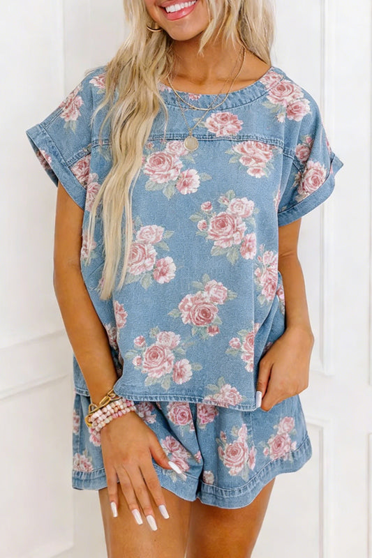 Sky Blue Floral Denim Short Sleeve Top Loose Shorts 2pcs Set