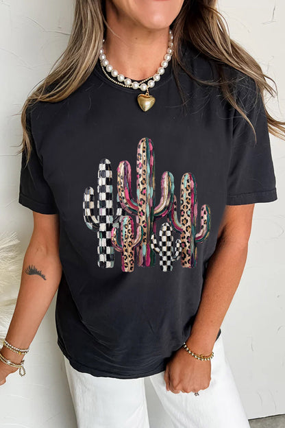 Black Mixed Pattern Cactus Graphic Print Relaxed T-Shirt