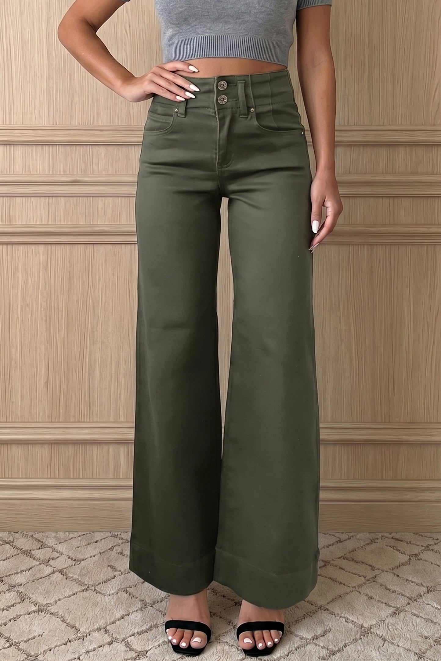 Mist Green 2-Button High Waist Wide Leg Jeans