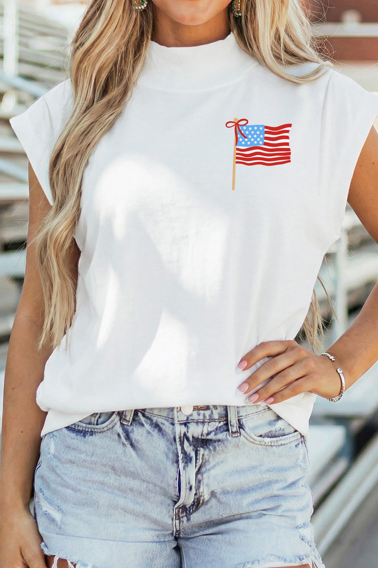 White Patriotic Flag Double Printed Mock Neck Tee