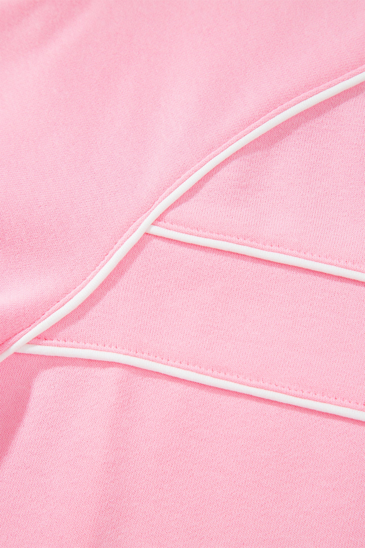 Pink Piping Trim Long Sporty Pullover Drawstring Elastic Waist Shorts Set
