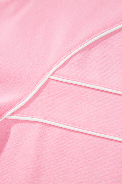 Pink Piping Trim Long Sporty Pullover Drawstring Elastic Waist Shorts Set