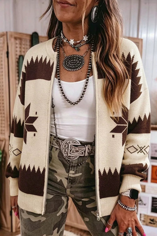 Geometric Zip-Up Knit Cardigan