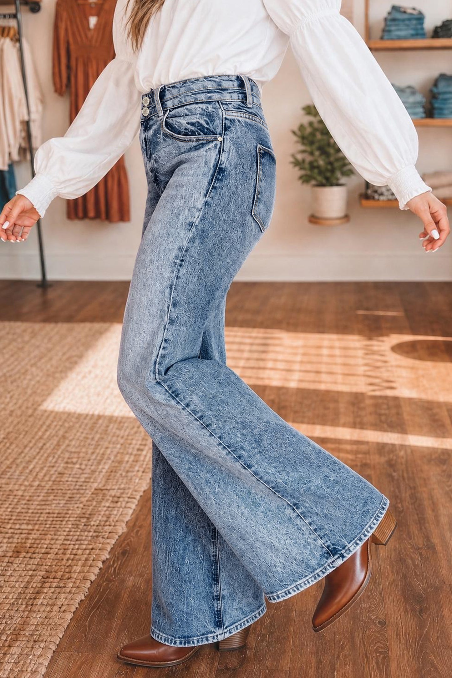 Blue Acid Wash Pocket Detail Flare Jeans