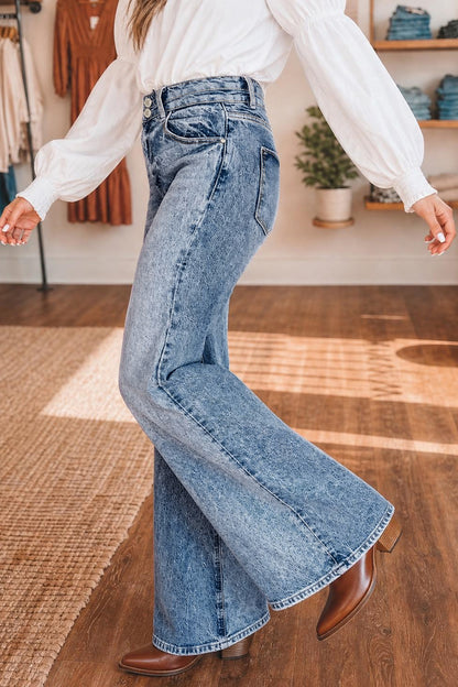 Blue Acid Wash Pocket Detail Flare Jeans