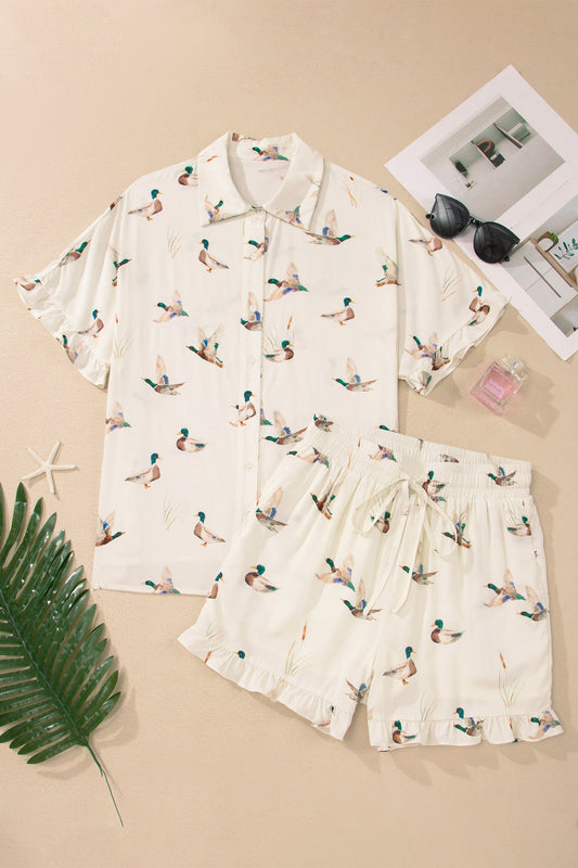 Beige Mallard Print Shirt Style Short Two Piece Set