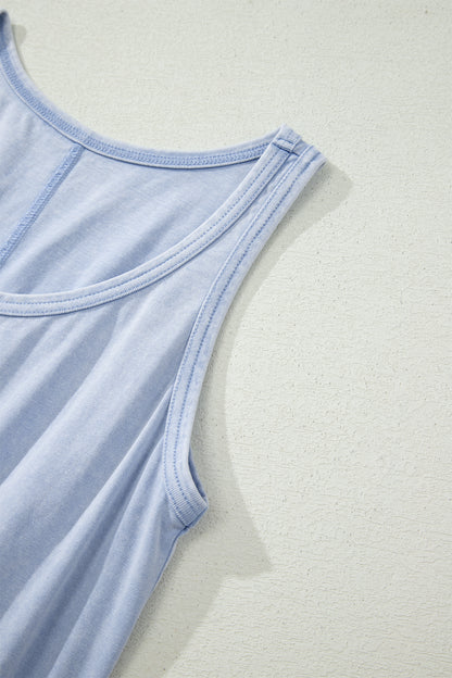Smoke Gray Mineral Wash U Neck Elastic Waist Sleeveless Mini Dress