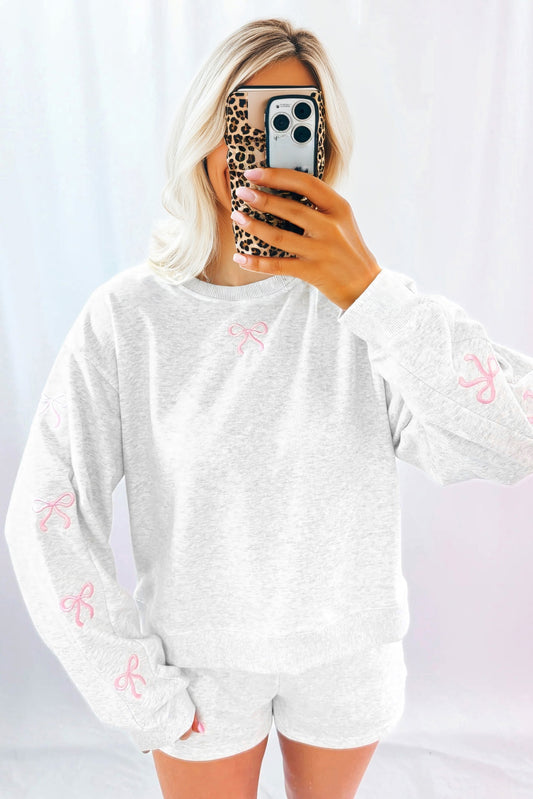 Girly Bow Embroidered Puff Sleeve Pullover 2pcs Short Set
