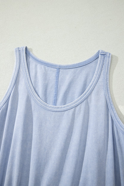 Smoke Gray Mineral Wash U Neck Elastic Waist Sleeveless Mini Dress