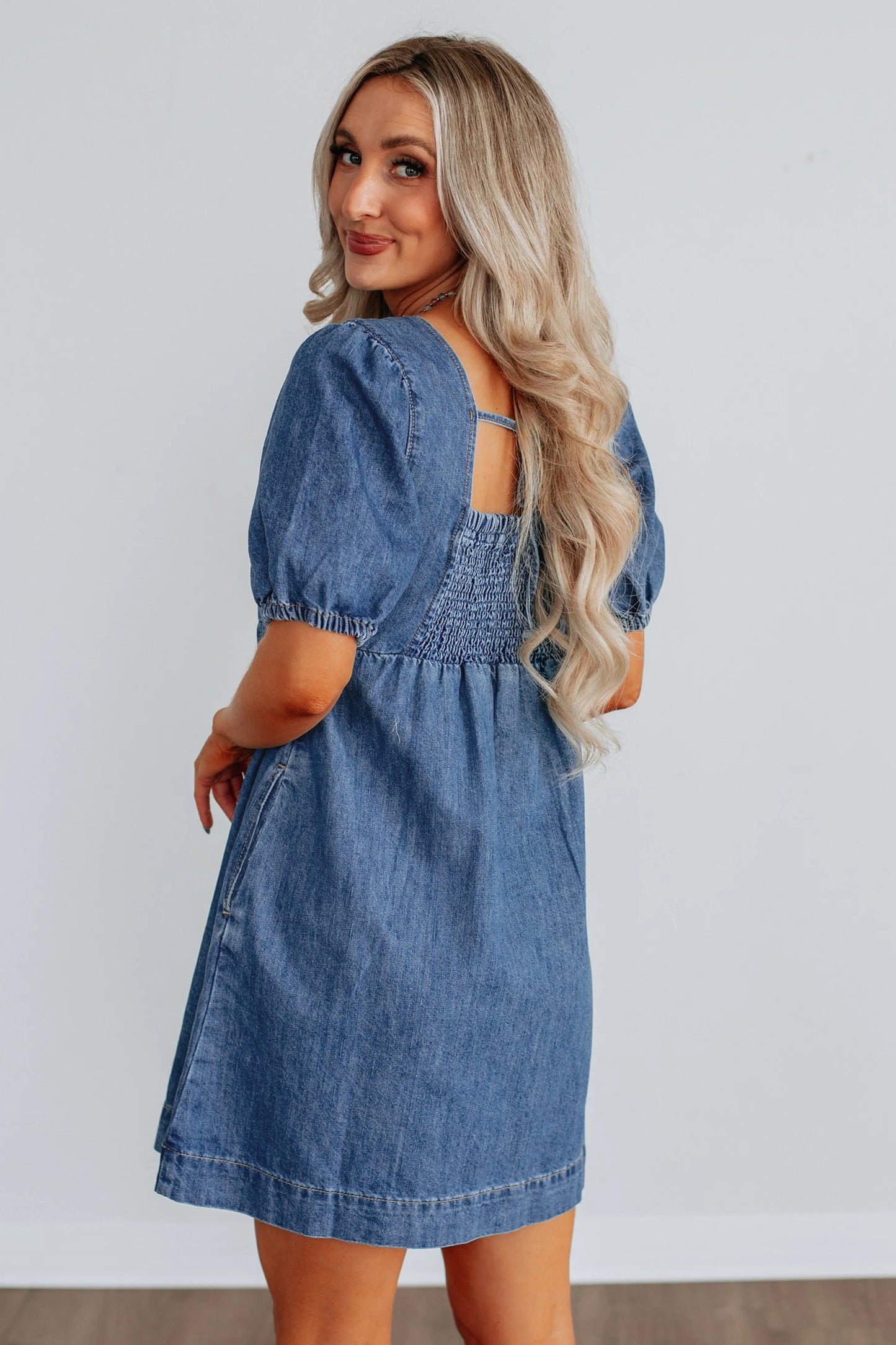 Prussian Blue Button Square Neck Short Puff Sleeve Denim Mini Dress