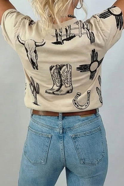 Beige Retro Western Print T Shirt
