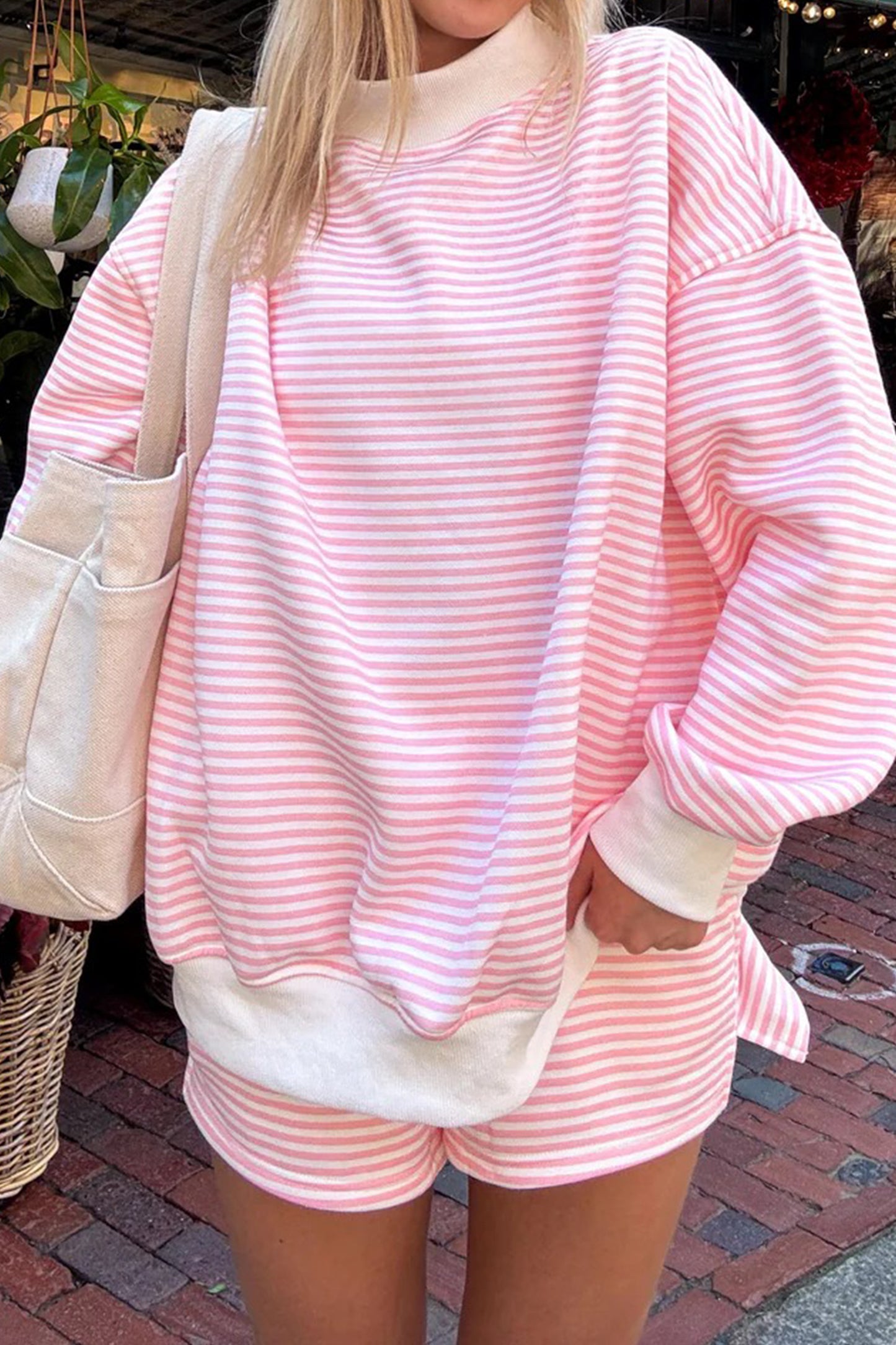 Green Stripe Oversize Mock Neck Sweatshirt and Shorts Set