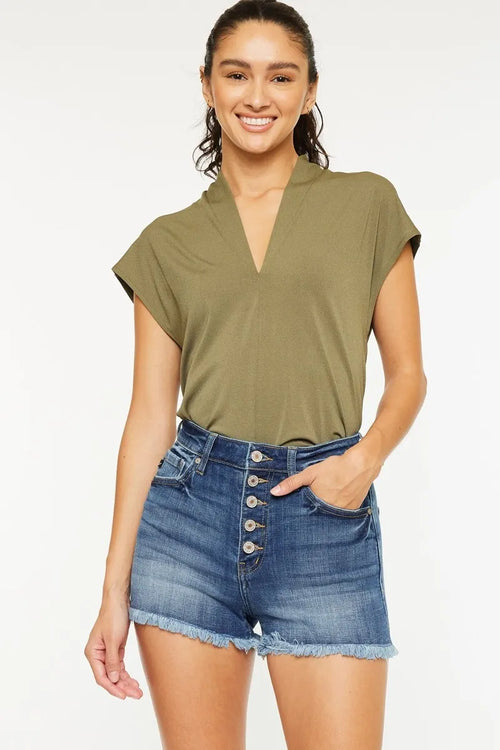 Kancan High Rise Frayed Hem Denim Shorts