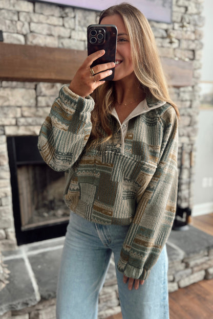 Green Western Print Fleece Pullover