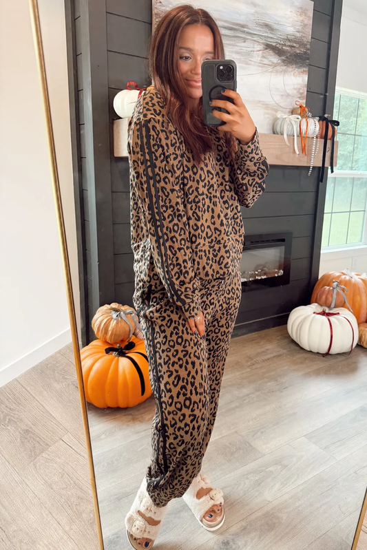 Brown Varsity Striped Trim Leopard Long Sleeve Top Drawstring Pant Set