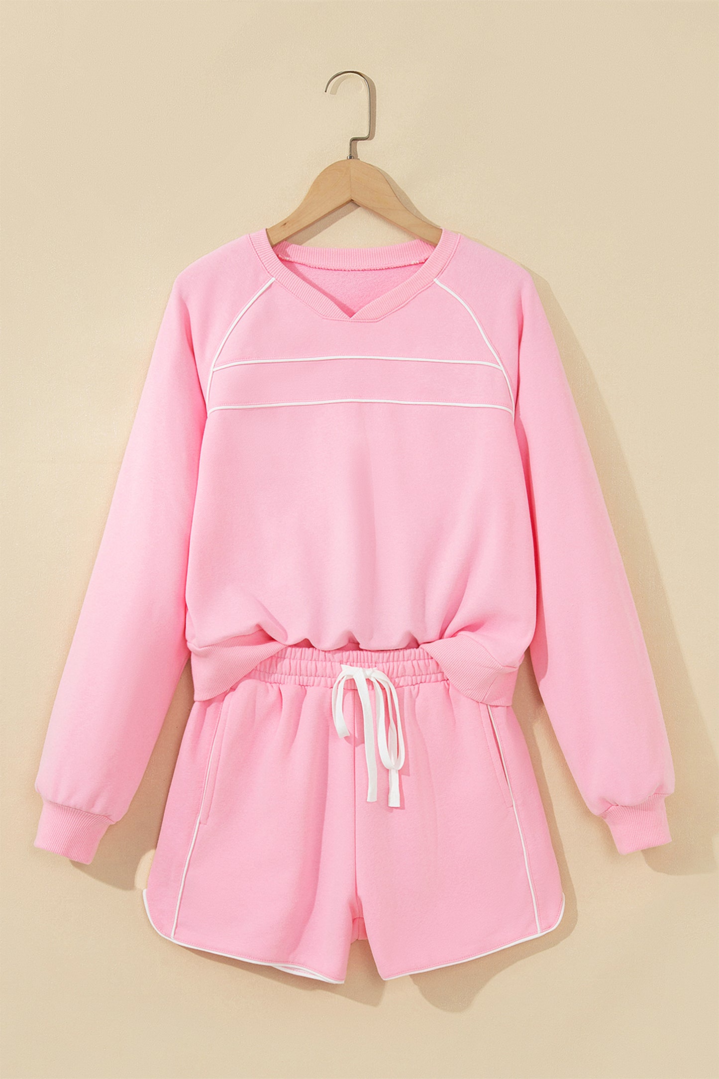 Pink Piping Trim Long Sporty Pullover Drawstring Elastic Waist Shorts Set