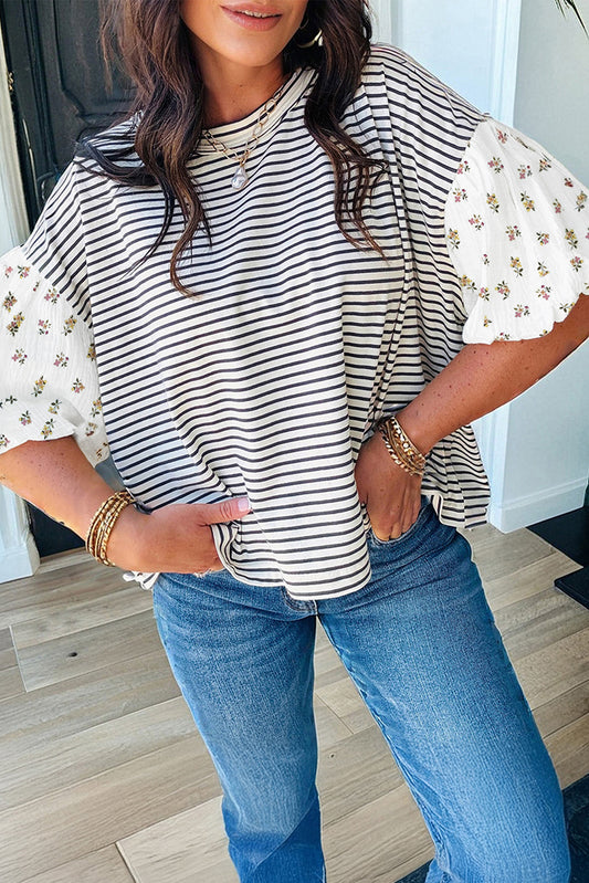 Black Stripe Floral Puff Sleeve Patchwork Round Neck Loose Top