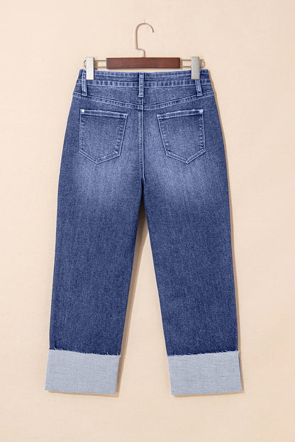Real Teal Folded Cuffs Distressed Straight High Waist Jeans
