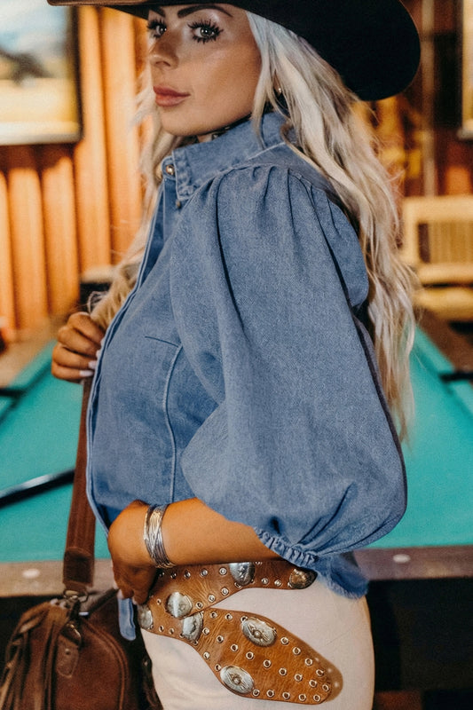Blue Puff Half Sleeve Collared Denim Shirt