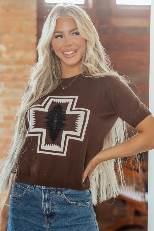 Brown Western Short Sleeve Knit Sweater