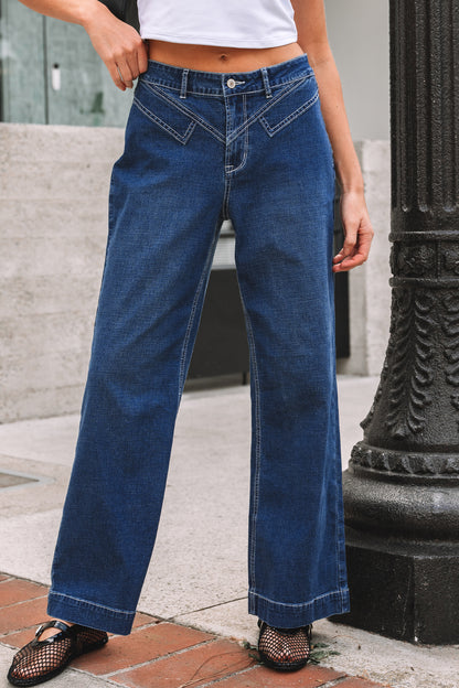 Western Stitched Waist Detail Loose Cuffed Jeans