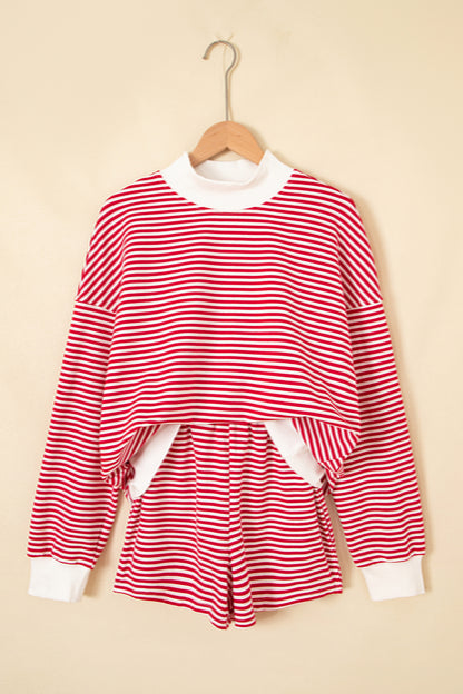 Green Stripe Oversize Mock Neck Sweatshirt and Shorts Set