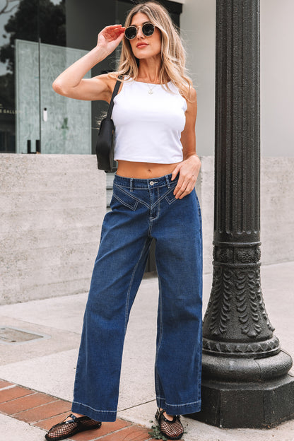 Western Stitched Waist Detail Loose Cuffed Jeans