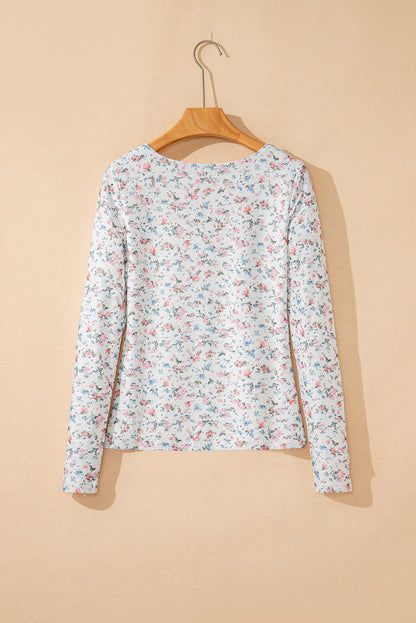 White Floral Print Long Sleeve Top