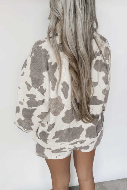 Cow Western Print Long Sleeve Top Drawstring Shorts Set