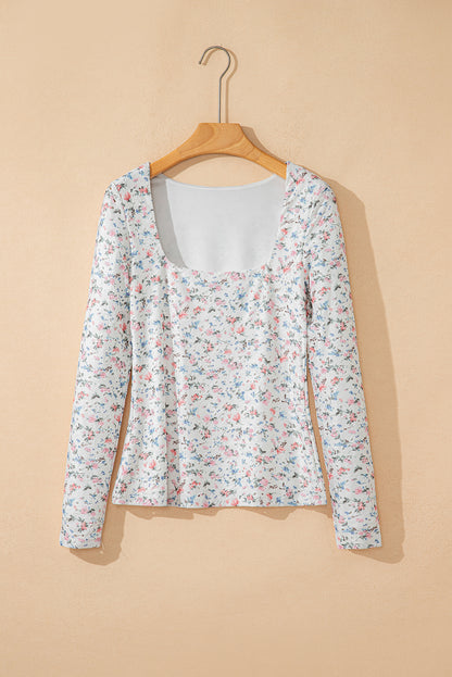 White Floral Print Long Sleeve Top